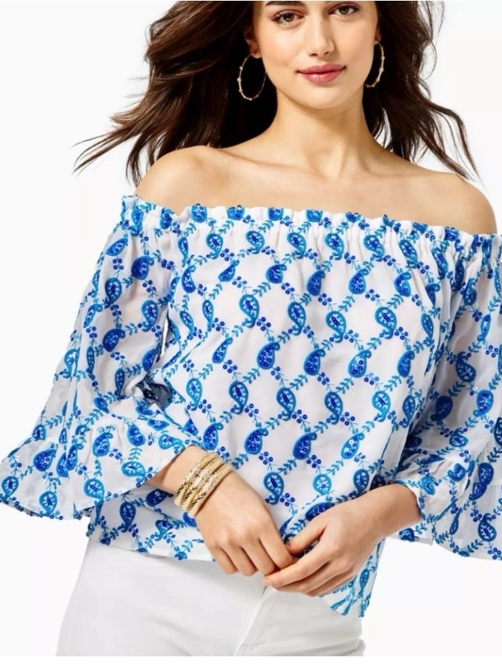 Lilly Pulitzer White Off-Shoulder Top with Blue Paisley Print